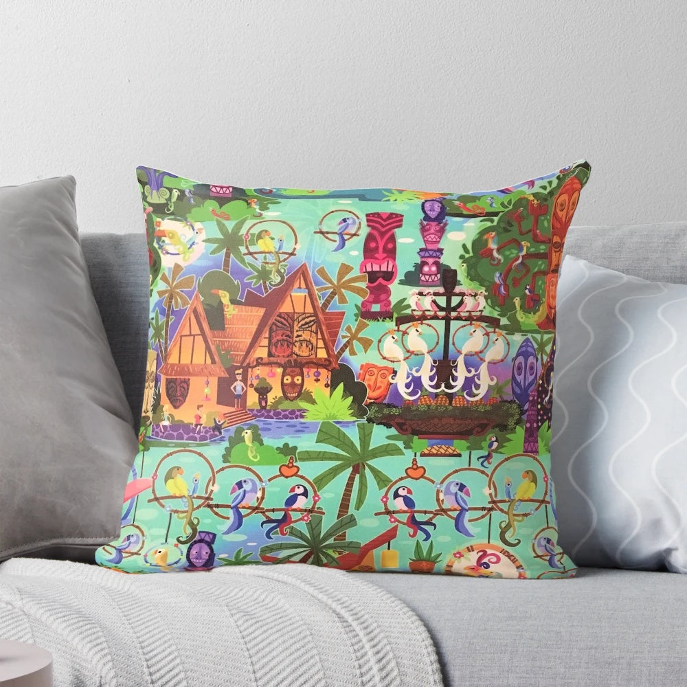 Colorful collage pillow with Enchanted Tiki Room inspired artwork and tropical motifs