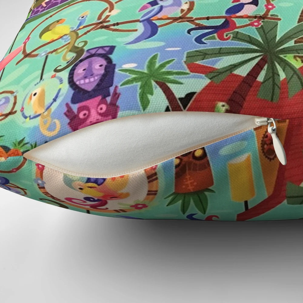 Colorful collage pillow with Enchanted Tiki Room inspired artwork and tropical motifs