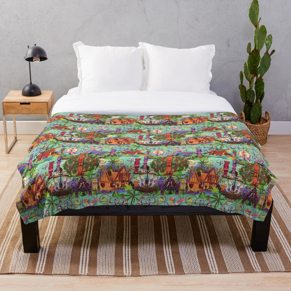 Enchanted Tiki Room inspired plush blanket with tropical collage design