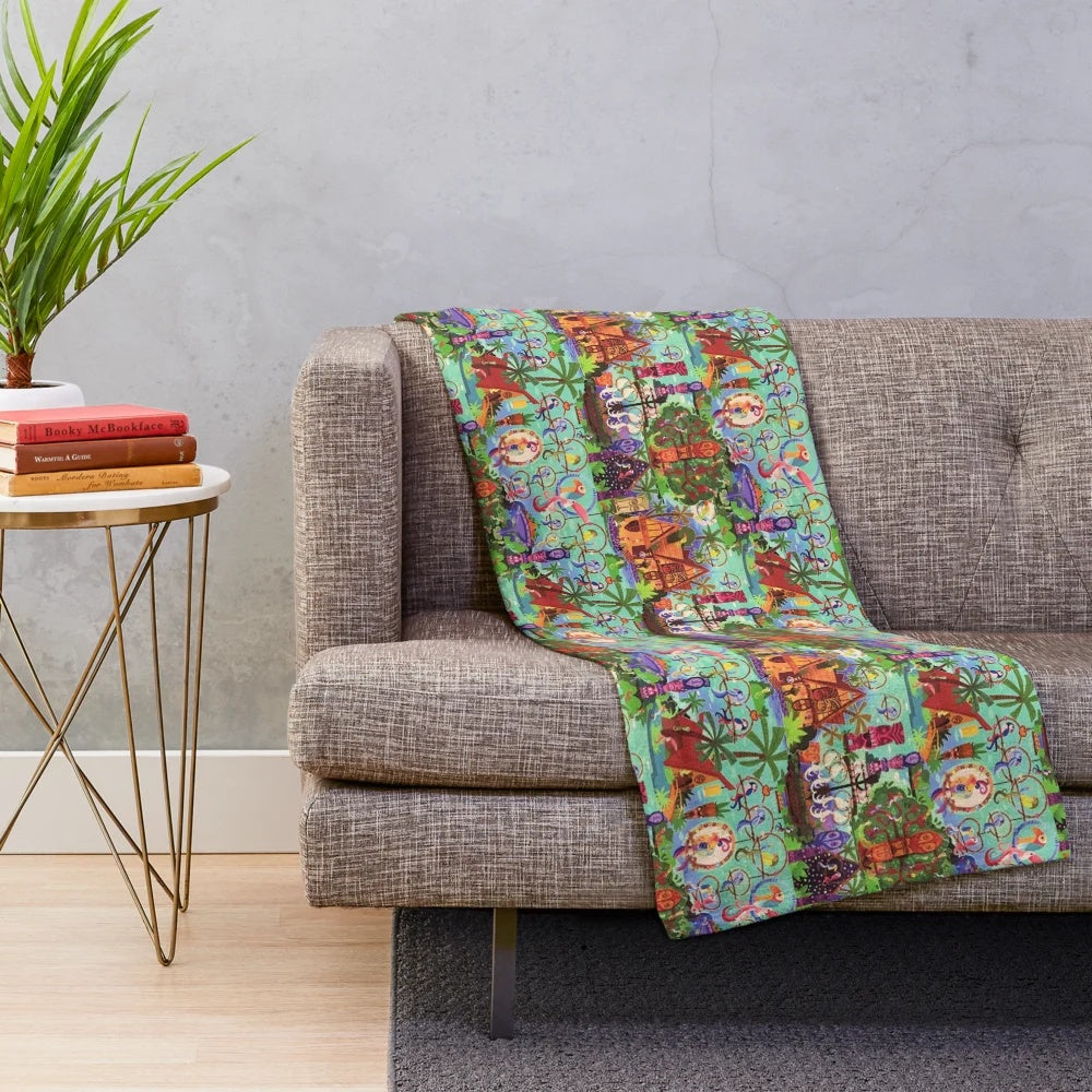 Enchanted Tiki Room inspired plush blanket with tropical collage design
