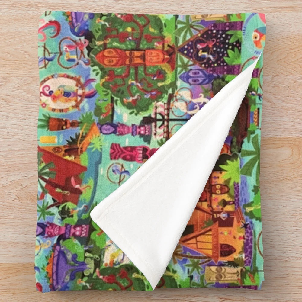 Enchanted Tiki Room inspired plush blanket with tropical collage design