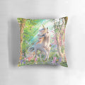Whimsical throw pillow featuring a unicorn in an enchanted forest with castles, rainbows, and butterflies