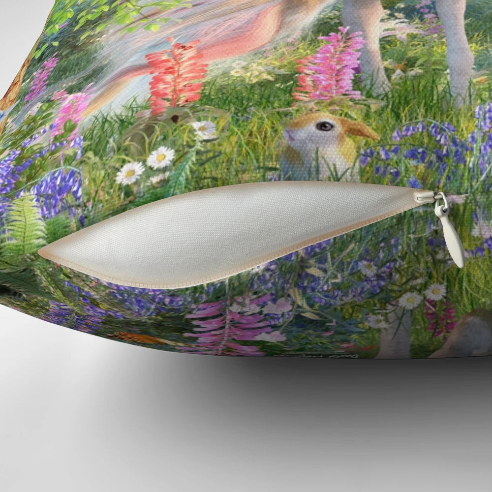 Whimsical throw pillow featuring a unicorn in an enchanted forest with castles, rainbows, and butterflies