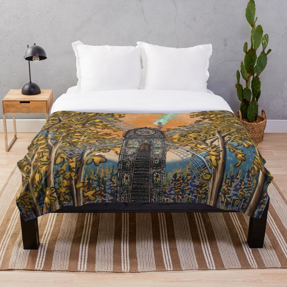 Witchy windmill plush blanket with pumpkins and full moon