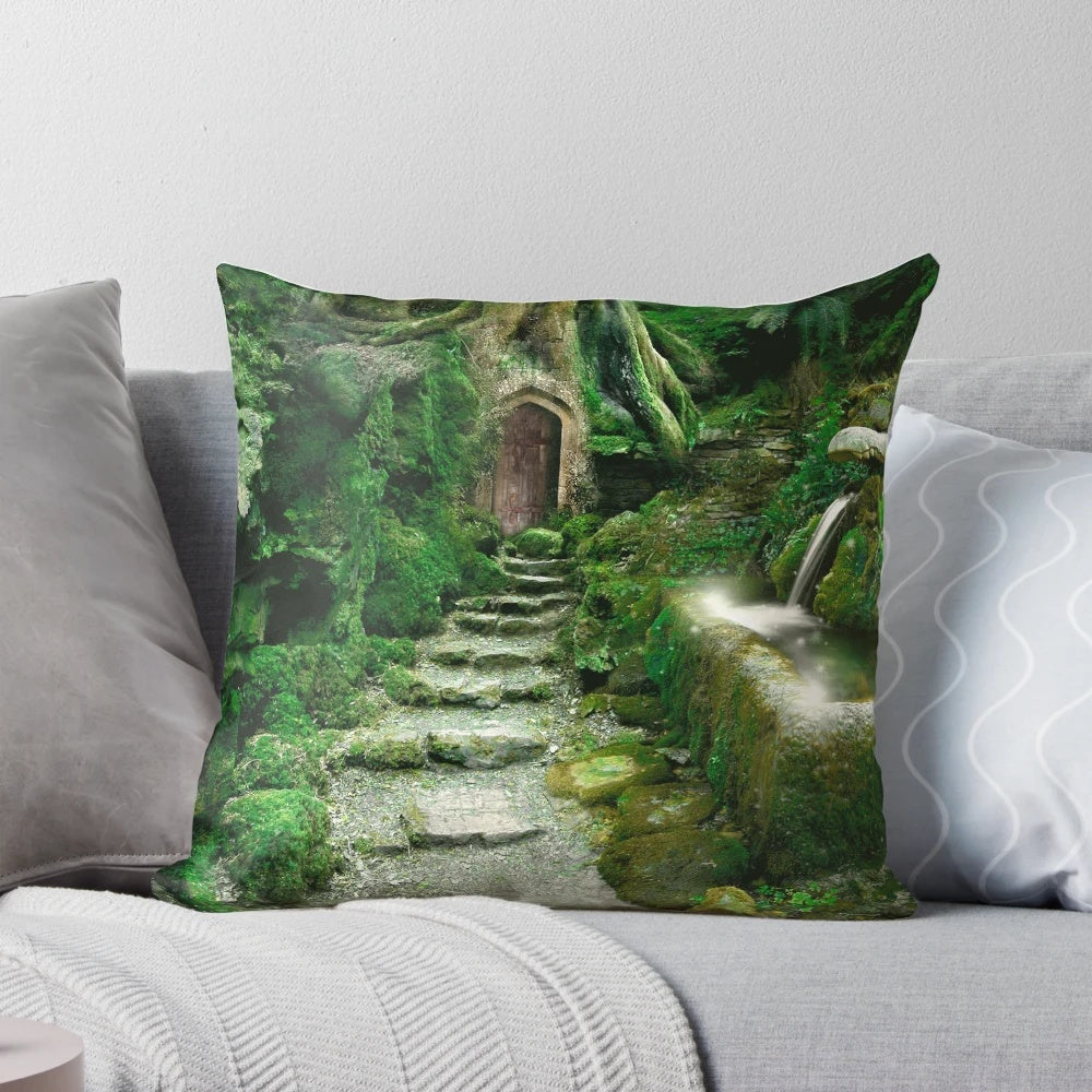 Enchanted fantasy forest pillow with a magical doorway design