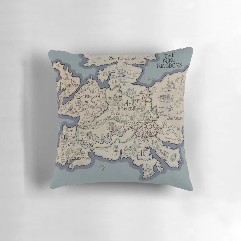 Detailed 10th Kingdom map printed on a soft, comfortable pillow