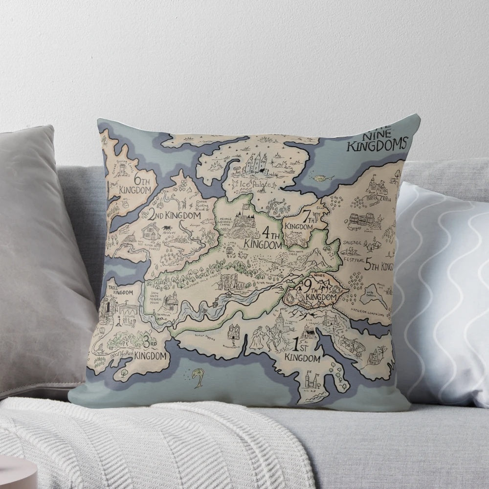 Detailed 10th Kingdom map printed on a soft, comfortable pillow