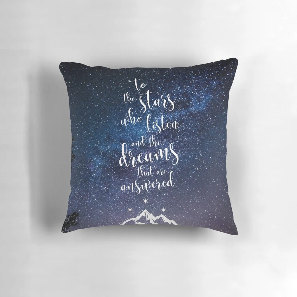 A decorative throw pillow featuring a quote from the popular fantasy book "A Court of Mist and Fury" by Sarah J. Maas.