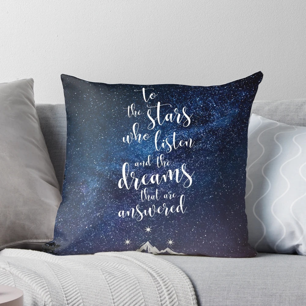 A decorative throw pillow featuring a quote from the popular fantasy book "A Court of Mist and Fury" by Sarah J. Maas.
