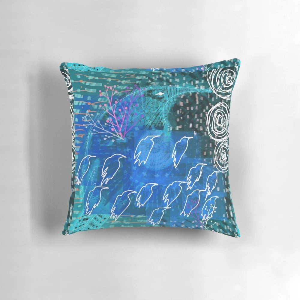 Beautifully designed abstract bird throw pillow with a spiritual, modern aesthetic.