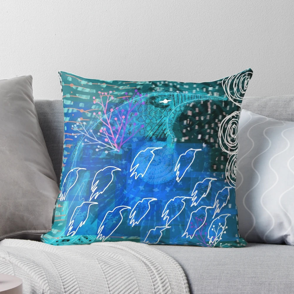Beautifully designed abstract bird throw pillow with a spiritual, modern aesthetic.