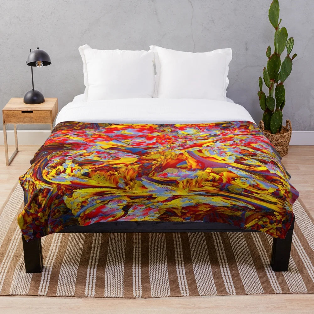 Abstract forest-themed plush blanket with colorful floral patterns