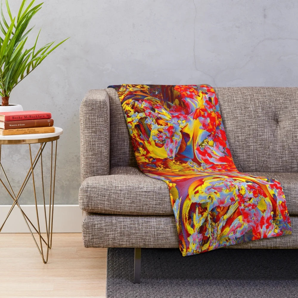 Abstract forest-themed plush blanket with colorful floral patterns