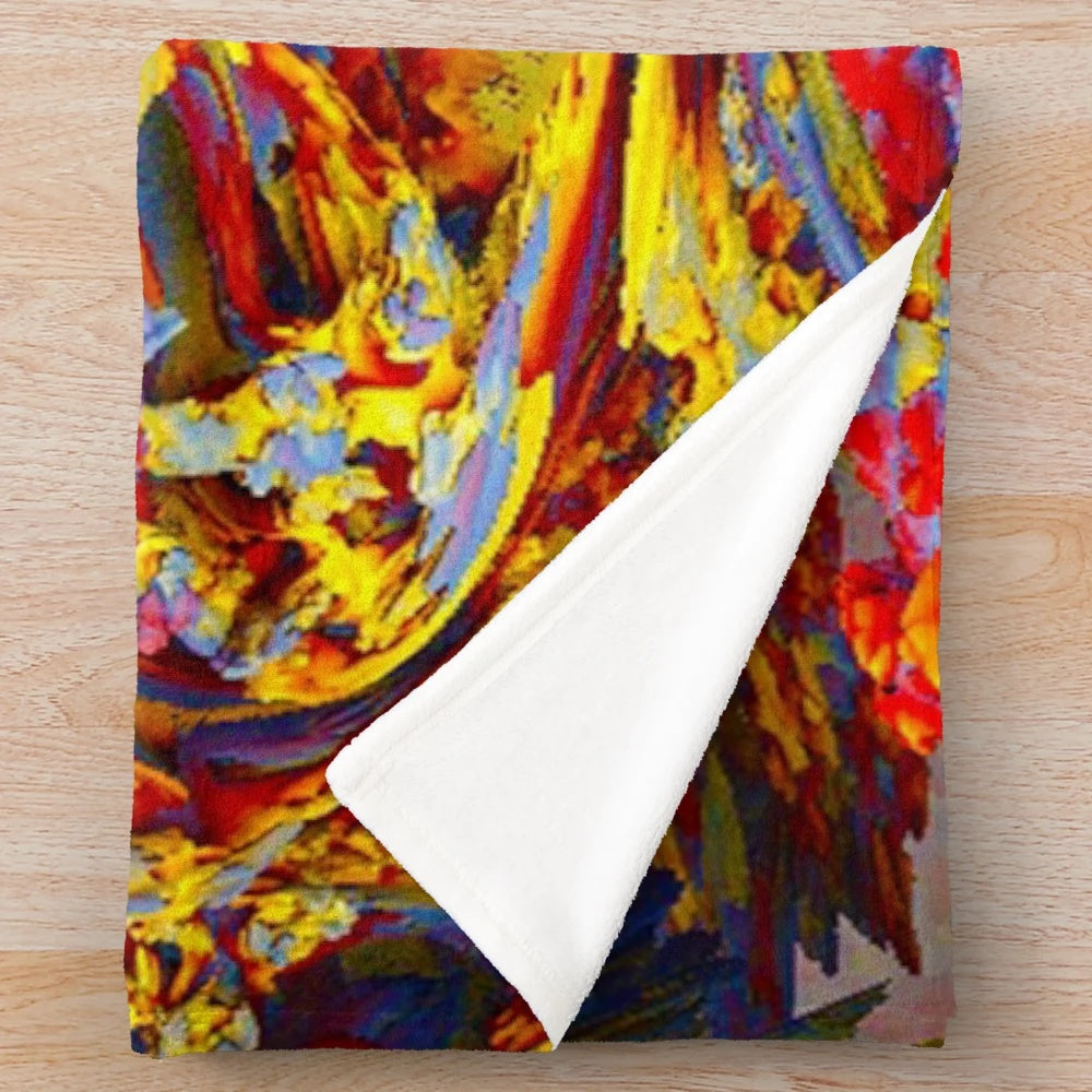 Abstract forest-themed plush blanket with colorful floral patterns