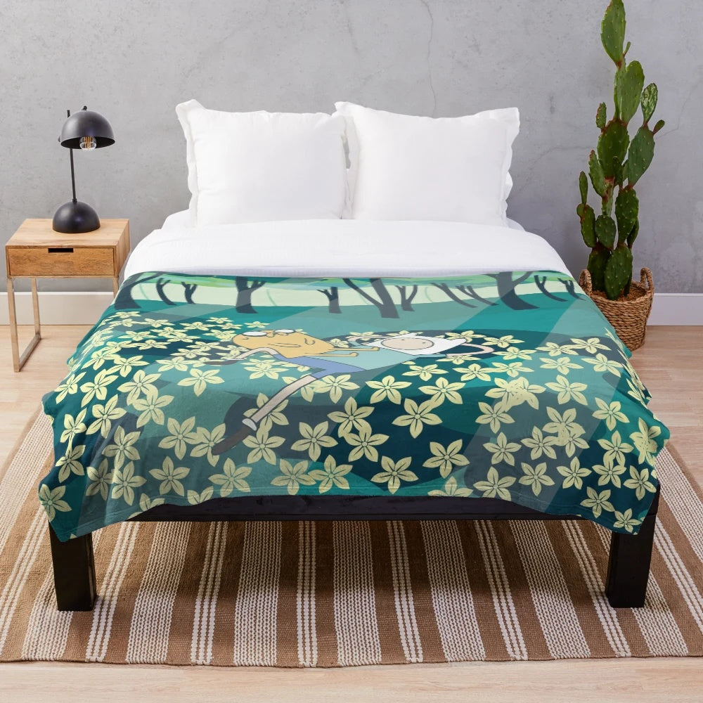 Vibrant adventure time inspired plush blanket with floral motif