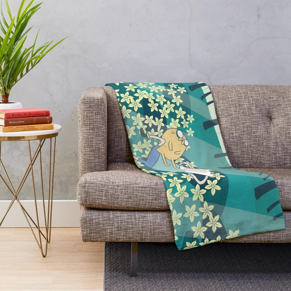 Vibrant adventure time inspired plush blanket with floral motif