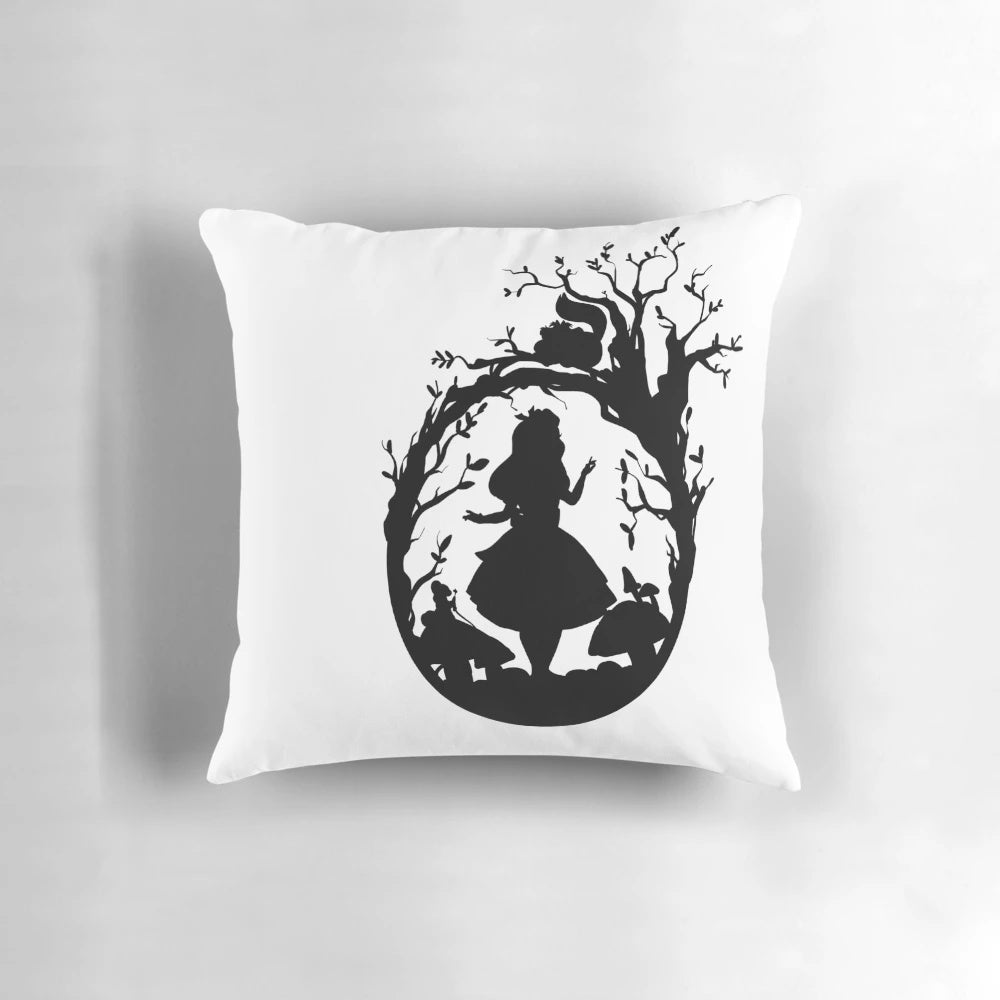 Silhouette of the Cheshire Cat from Alice in Wonderland on a decorative throw pillow