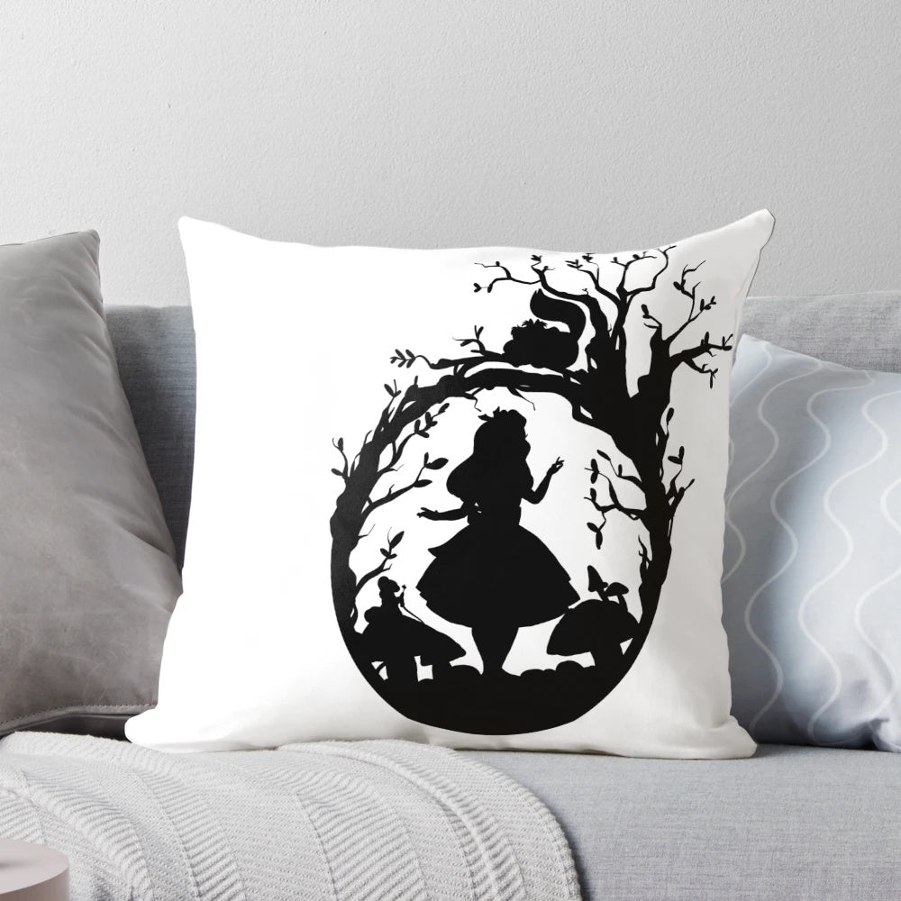 Silhouette of the Cheshire Cat from Alice in Wonderland on a decorative throw pillow