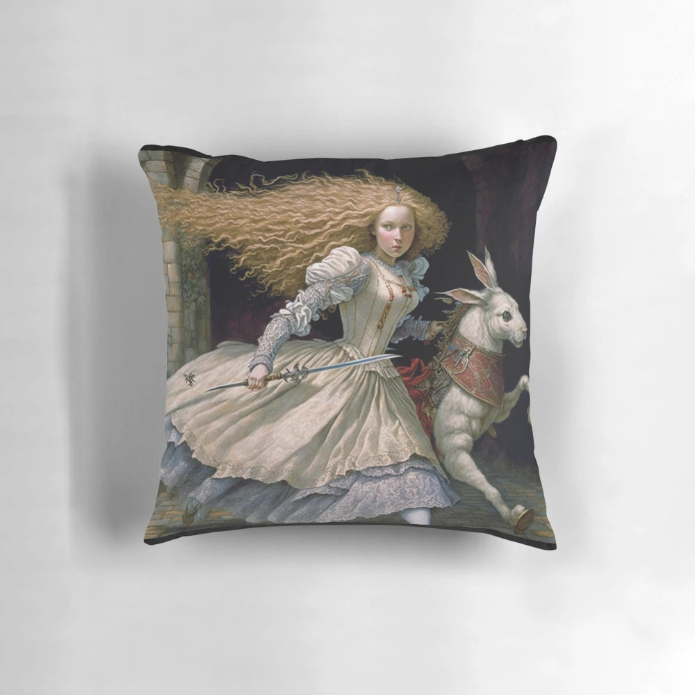 Alice in Wonderland themed decorative pillow featuring the Mad Hatter, White Rabbit, and other fantasy elements