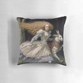 Alice in Wonderland themed decorative pillow featuring the Mad Hatter, White Rabbit, and other fantasy elements