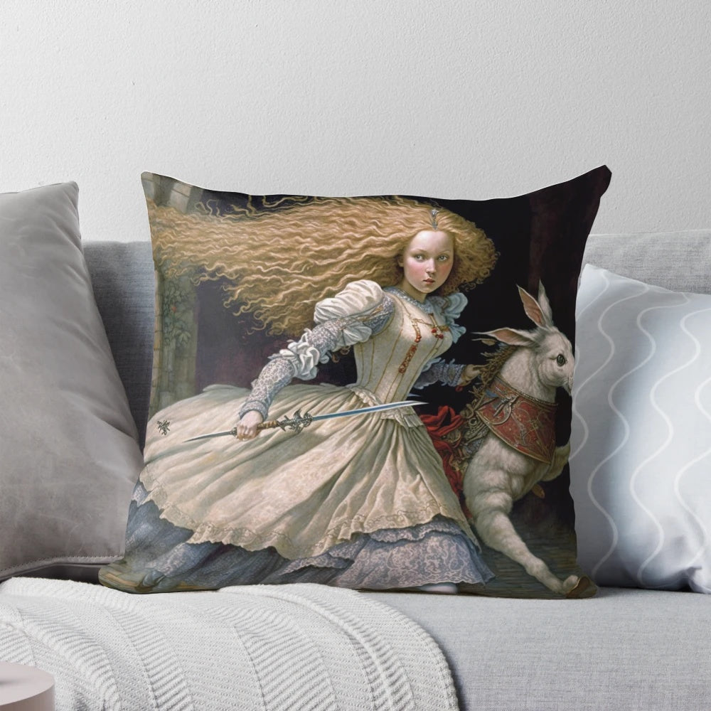 Alice in Wonderland themed decorative pillow featuring the Mad Hatter, White Rabbit, and other fantasy elements