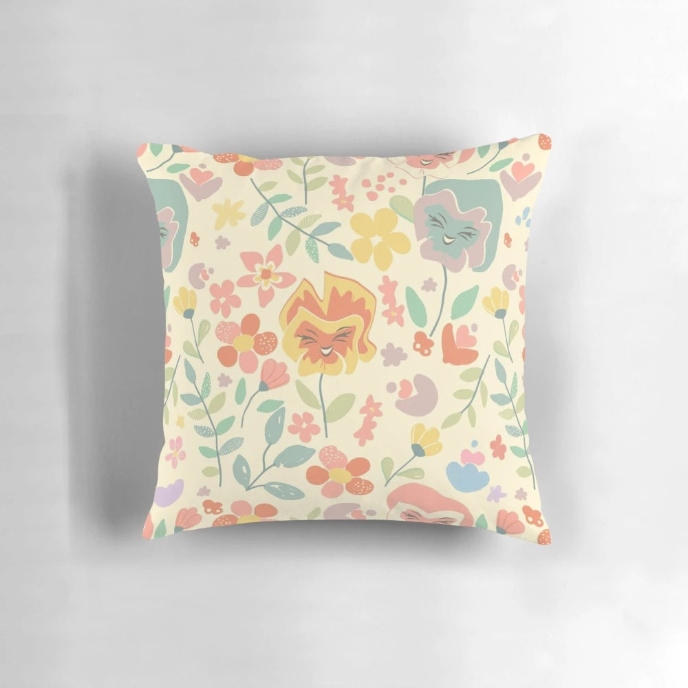 Alice in Wonderland-inspired floral decorative pillow featuring vibrant flowers and whimsical designs