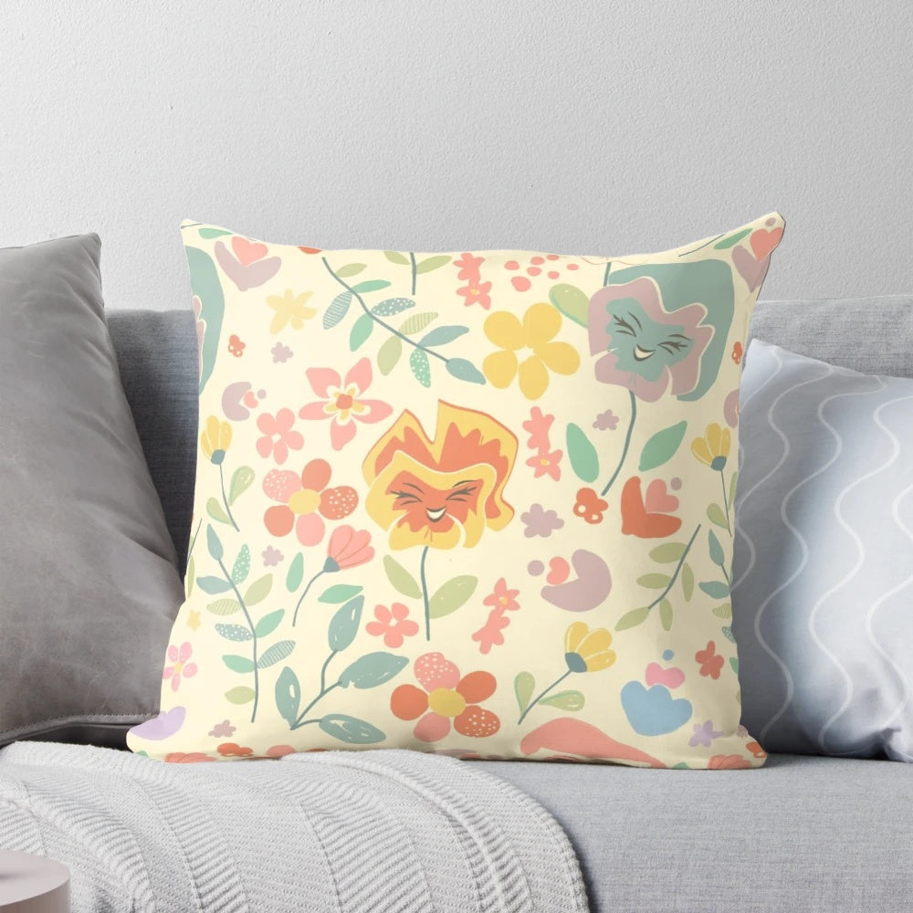 Alice in Wonderland-inspired floral decorative pillow featuring vibrant flowers and whimsical designs