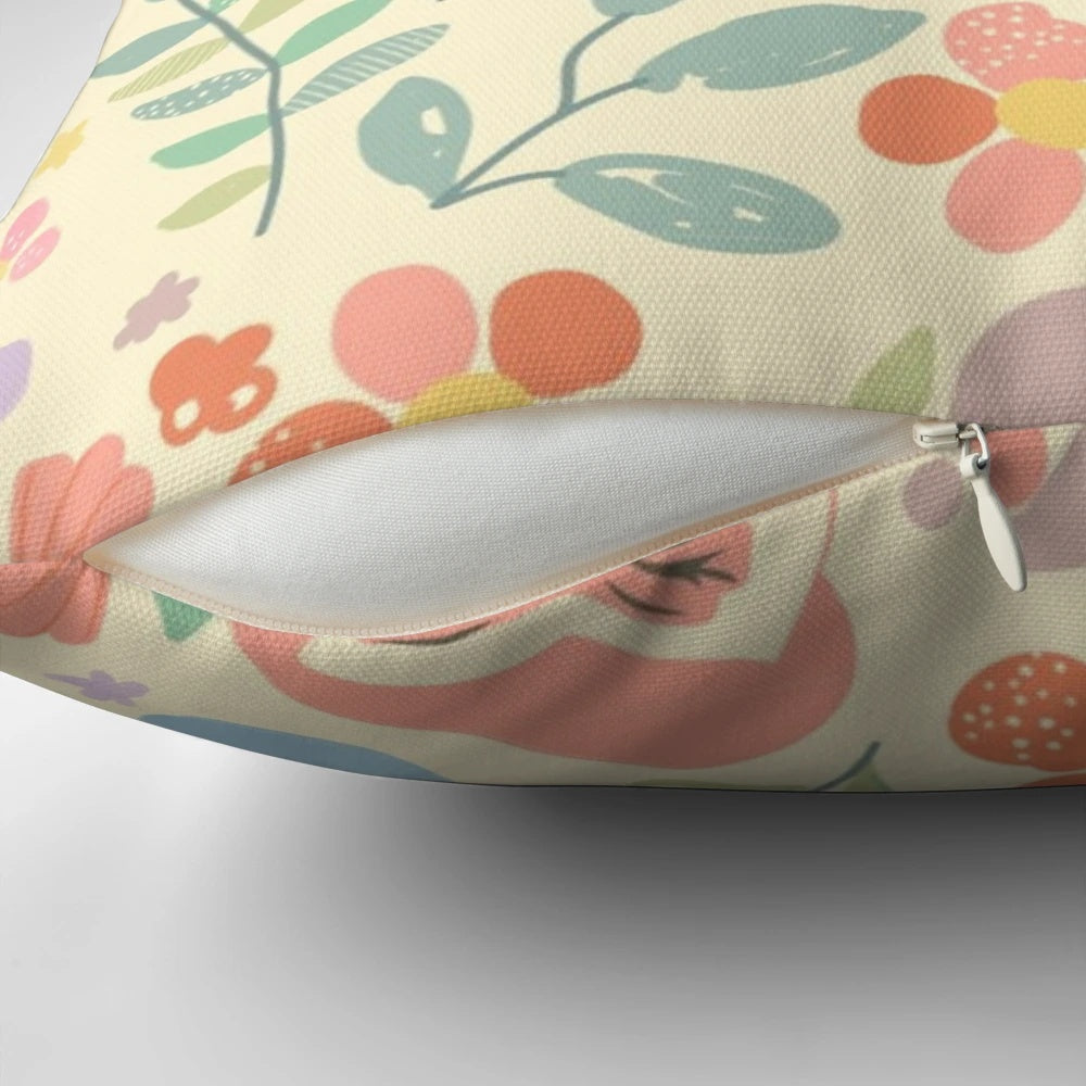 Alice in Wonderland-inspired floral decorative pillow featuring vibrant flowers and whimsical designs