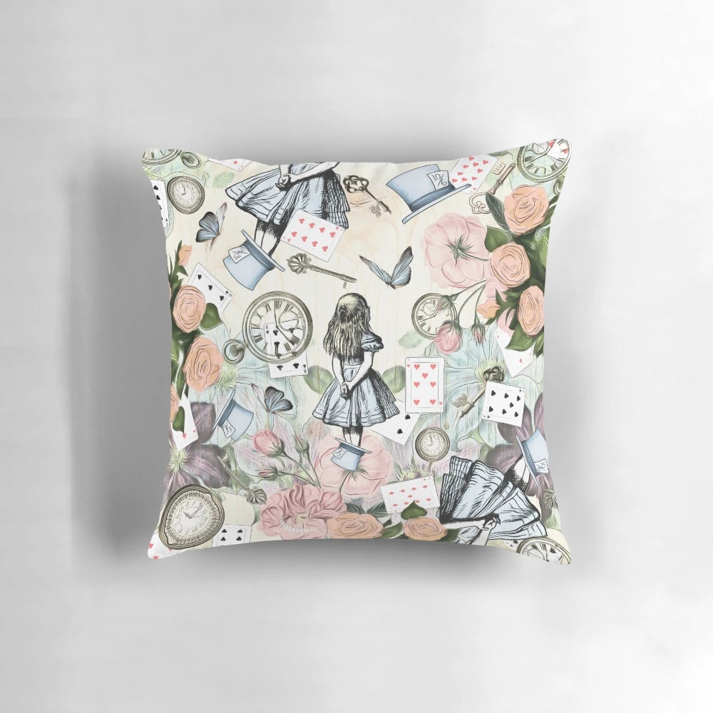 Vintage-style Alice in Wonderland collage artwork on a plush pillow
