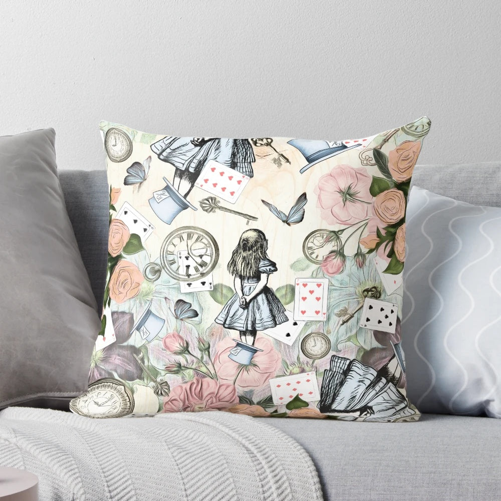 Vintage-style Alice in Wonderland collage artwork on a plush pillow