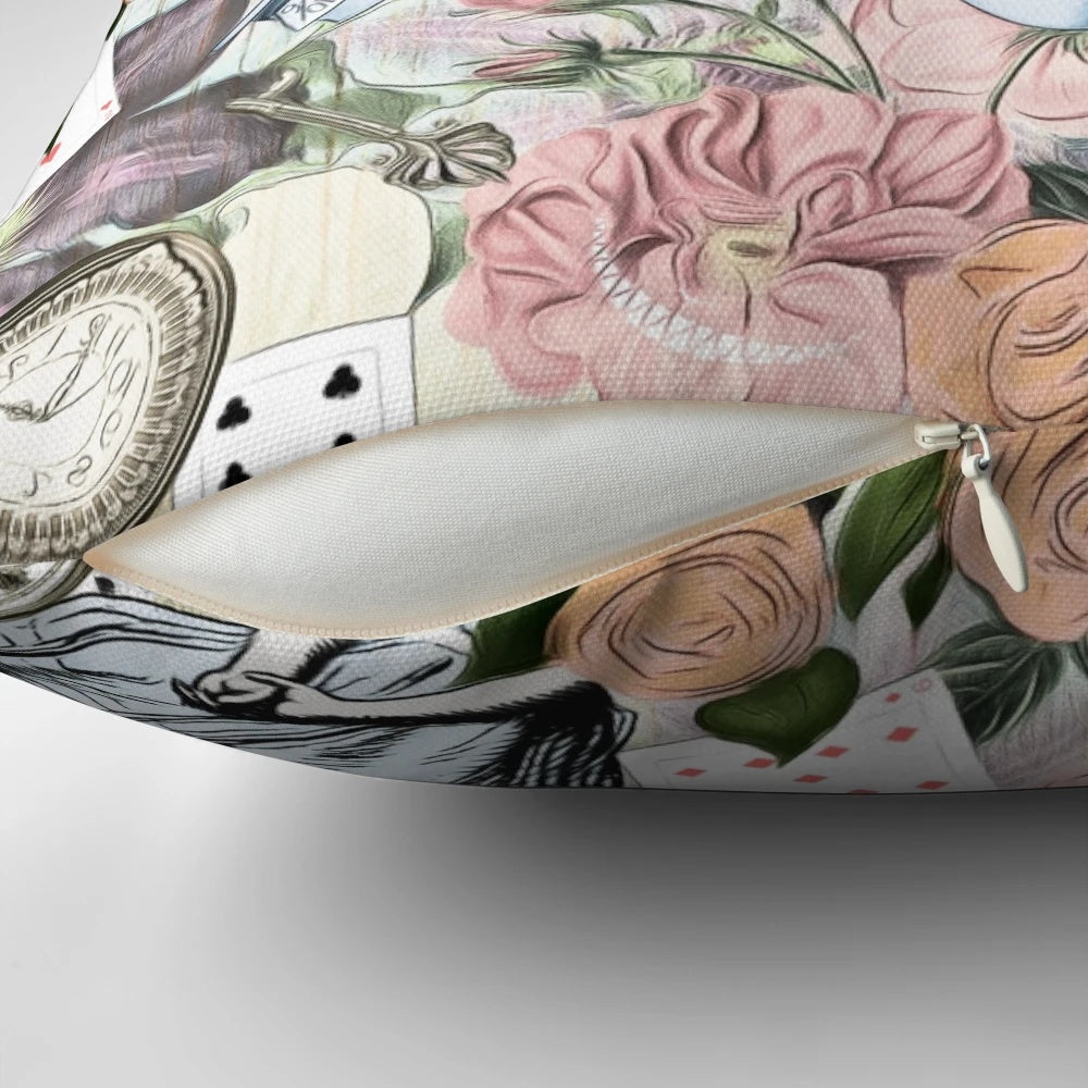 Vintage-style Alice in Wonderland collage artwork on a plush pillow