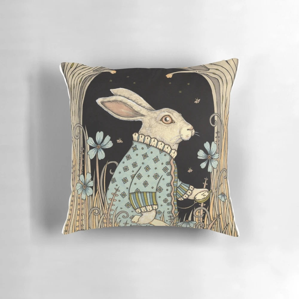 Decorative pillow featuring the white rabbit from the classic "Alice in Wonderland" tale