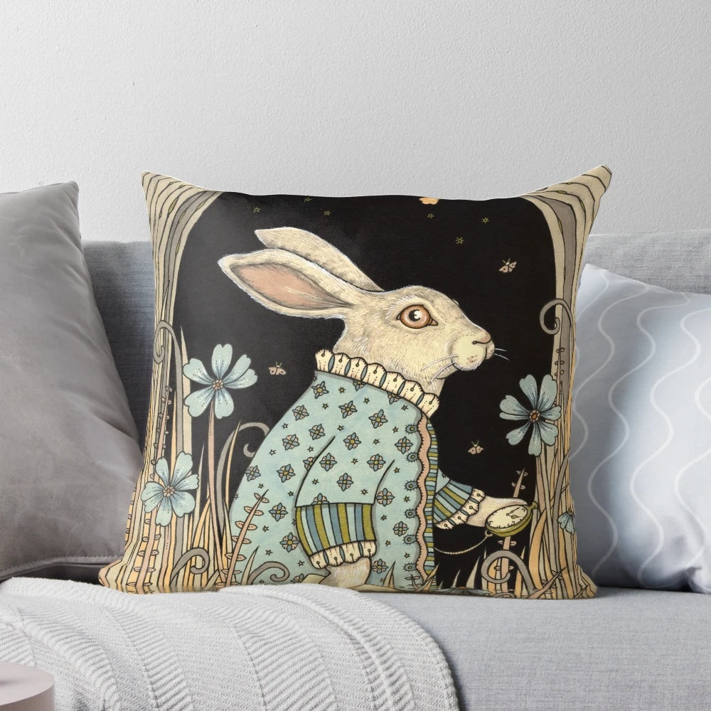 Decorative pillow featuring the white rabbit from the classic "Alice in Wonderland" tale