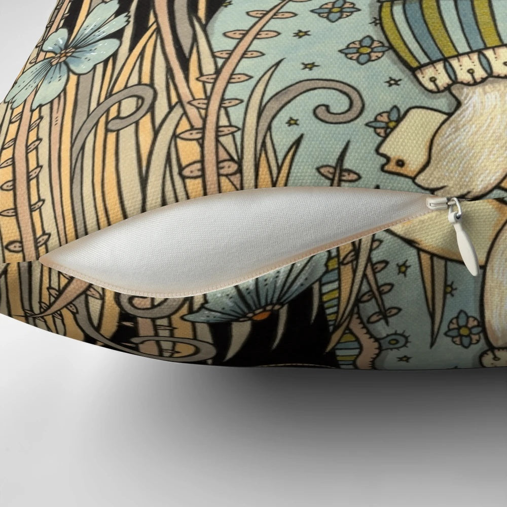 Decorative pillow featuring the white rabbit from the classic "Alice in Wonderland" tale