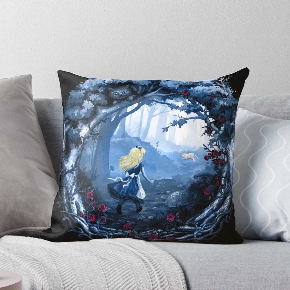 A soft, plush pillow featuring an Alice in Wonderland-inspired design with a white rabbit, flowers, and nature elements.