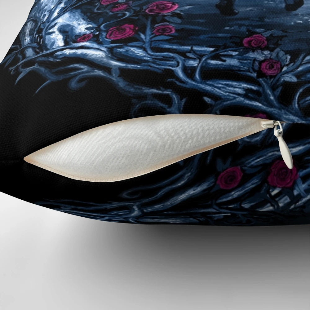 A soft, plush pillow featuring an Alice in Wonderland-inspired design with a white rabbit, flowers, and nature elements.