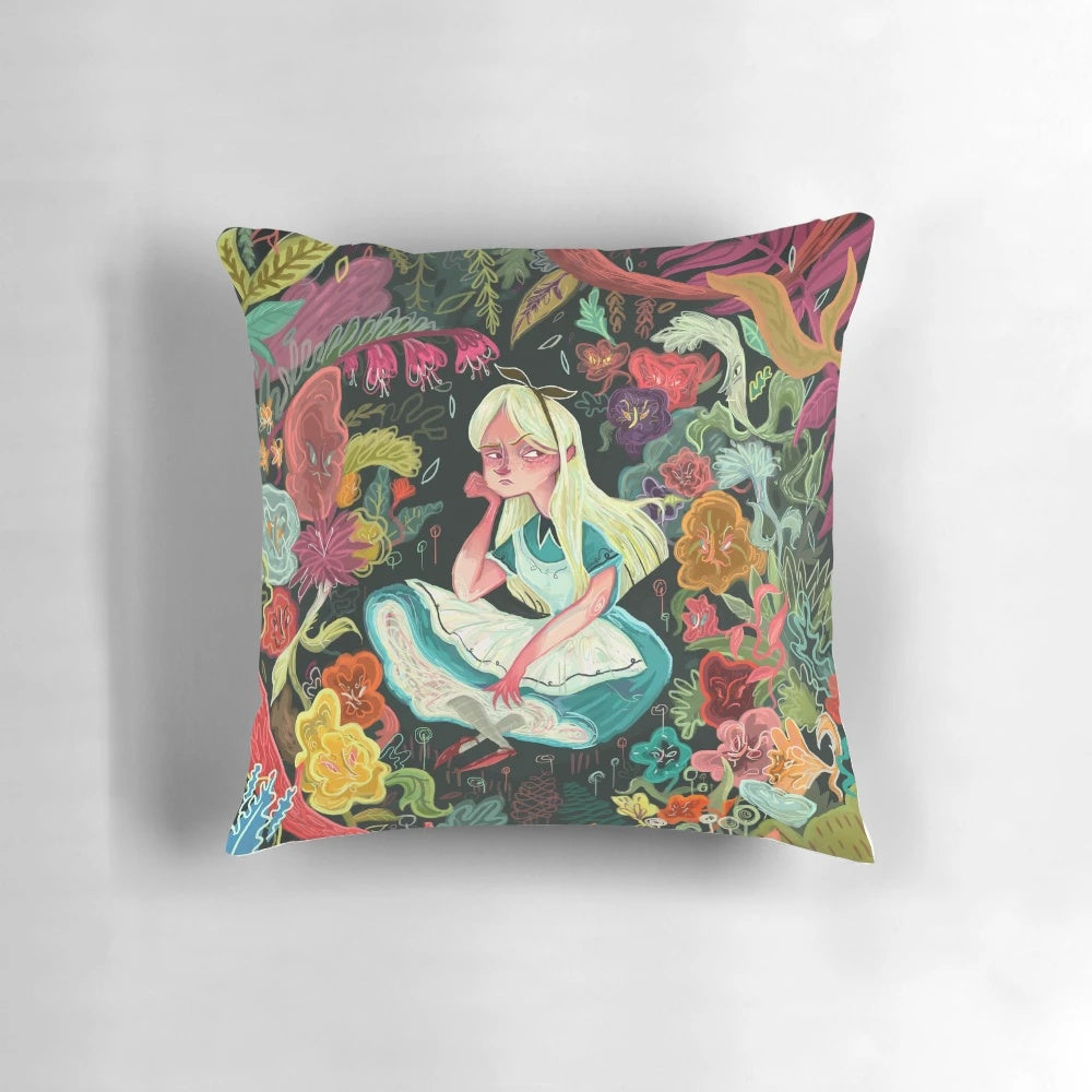 Colorful Alice in Wonderland themed pillow featuring vibrant flowers and nature motifs