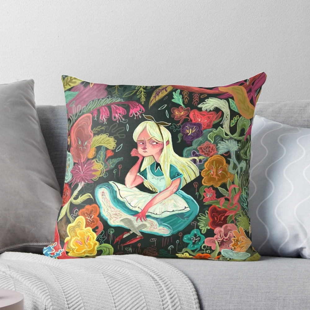 Colorful Alice in Wonderland themed pillow featuring vibrant flowers and nature motifs