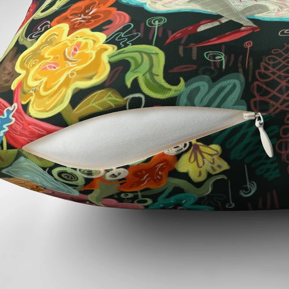 Colorful Alice in Wonderland themed pillow featuring vibrant flowers and nature motifs