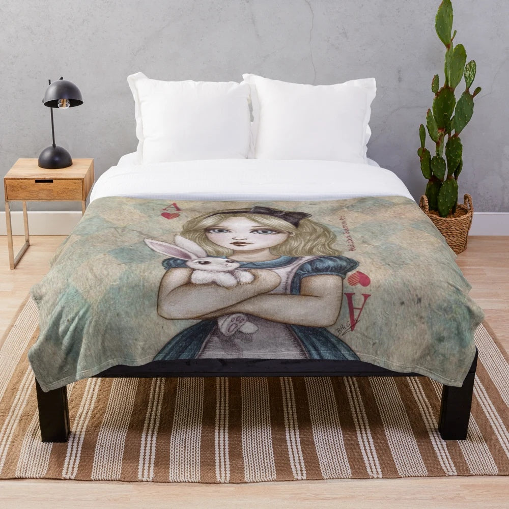 Cozy Alice in Wonderland themed plush blanket with characters and illustrations