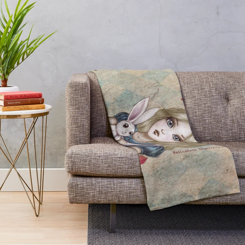 Cozy Alice in Wonderland themed plush blanket with characters and illustrations