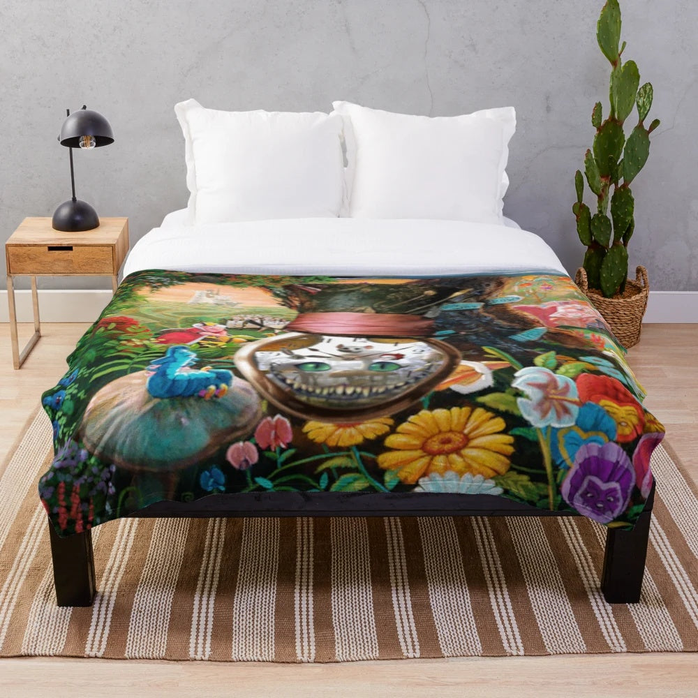 Alice in Wonderland inspired plush blanket with whimsical, vintage design