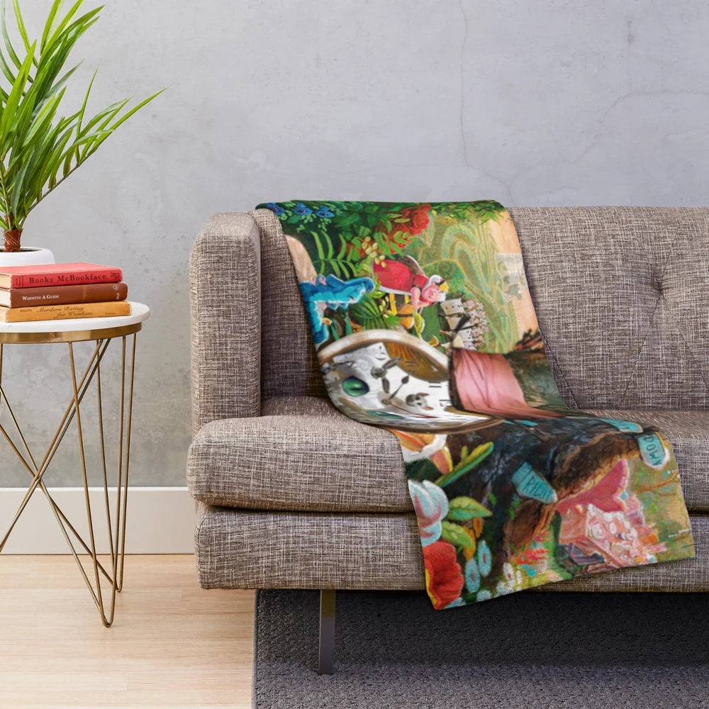 Alice in Wonderland inspired plush blanket with whimsical, vintage design