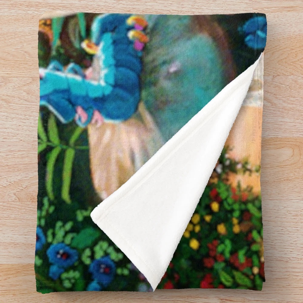 Alice in Wonderland inspired plush blanket with whimsical, vintage design