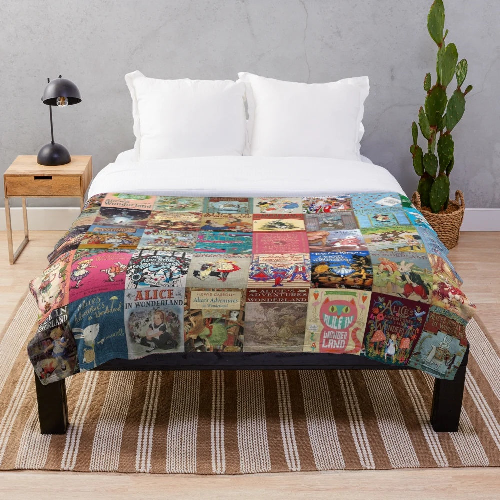 Alice in Wonderland themed plush blanket with Cheshire cat and queen of hearts characters