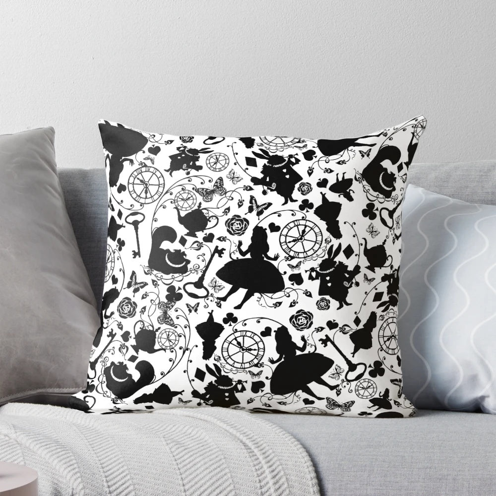 Colorful Alice in Wonderland inspired decorative pillow with pattern of characters, flowers, and symbols
