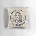 Alice in Wonderland inspired decorative pillow with characters like the Mad Hatter, Queen of Hearts, and Rabbit