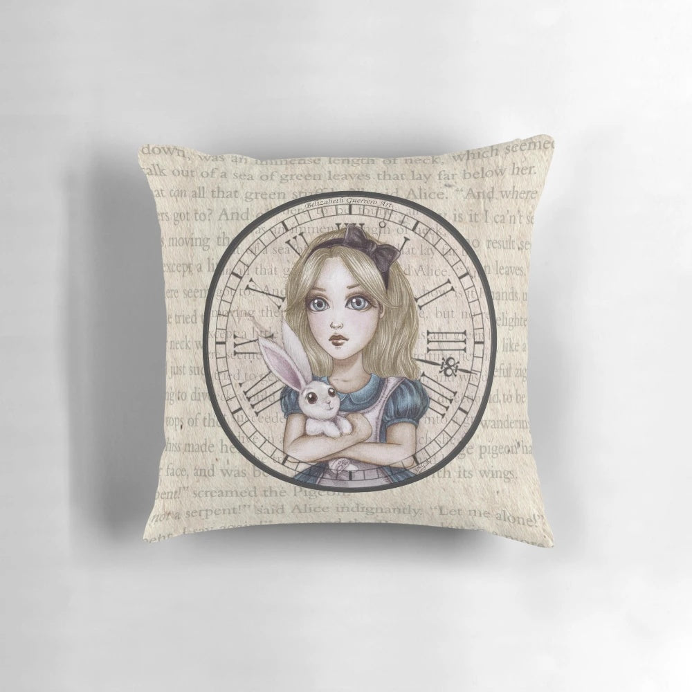 Alice in Wonderland inspired decorative pillow with characters like the Mad Hatter, Queen of Hearts, and Rabbit