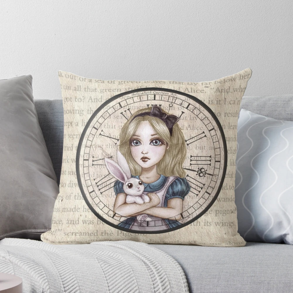 Alice in Wonderland inspired decorative pillow with characters like the Mad Hatter, Queen of Hearts, and Rabbit
