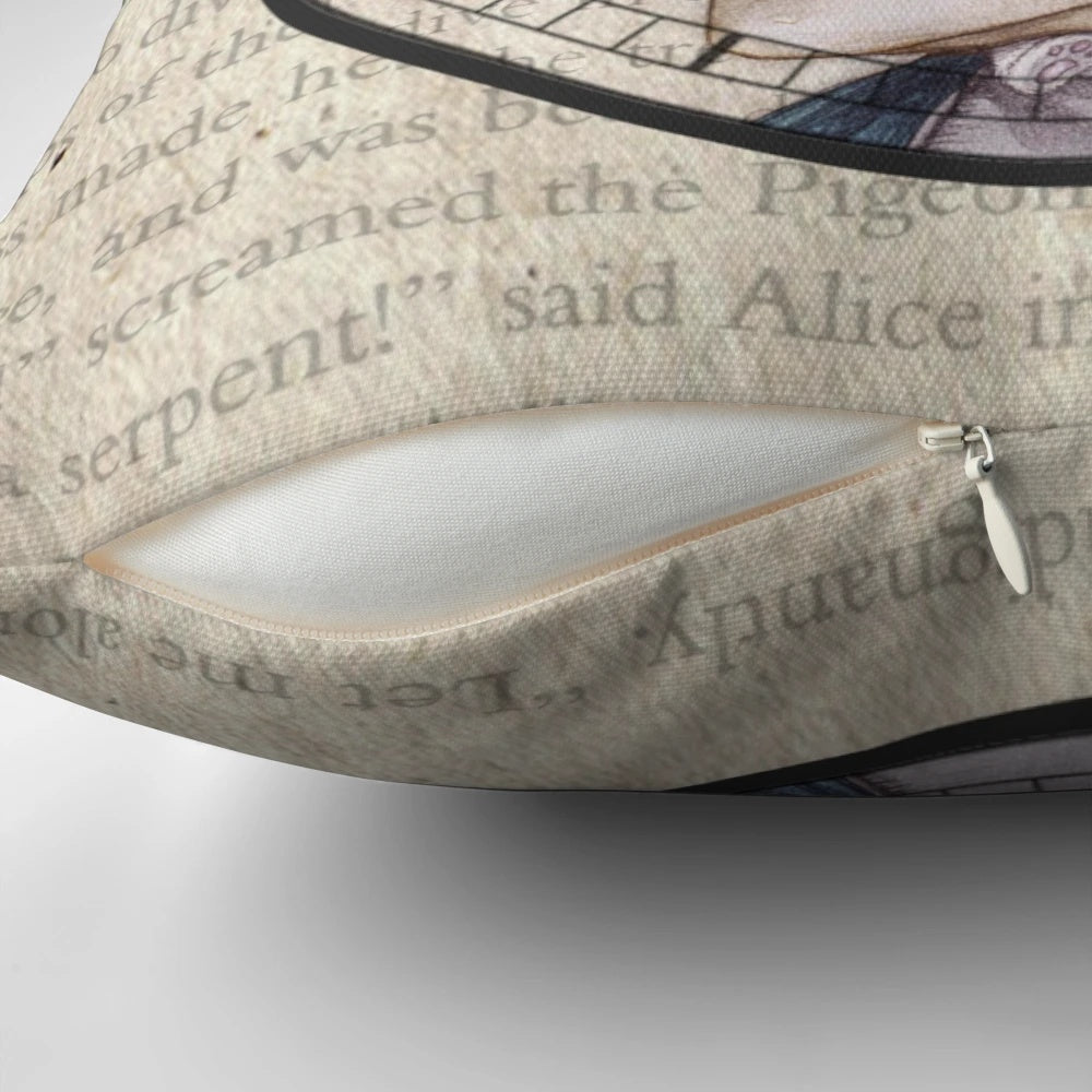 Alice in Wonderland inspired decorative pillow with characters like the Mad Hatter, Queen of Hearts, and Rabbit